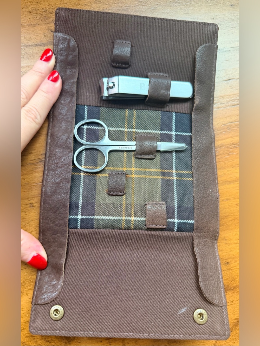Barbour Waxed Manicure Kit Brown Leather & Fabric Case, Scissors & Nail Clipper